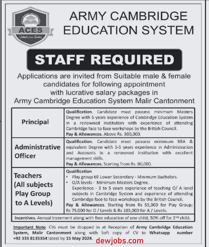 Army Cambridge Education System ACES Karachi Jobs Available in 2024