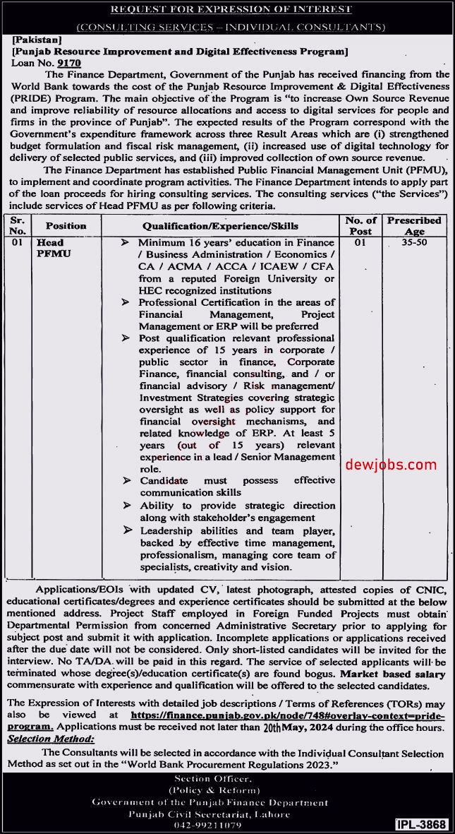 Finance Department Punjab Jobs Available in Lahore 2024